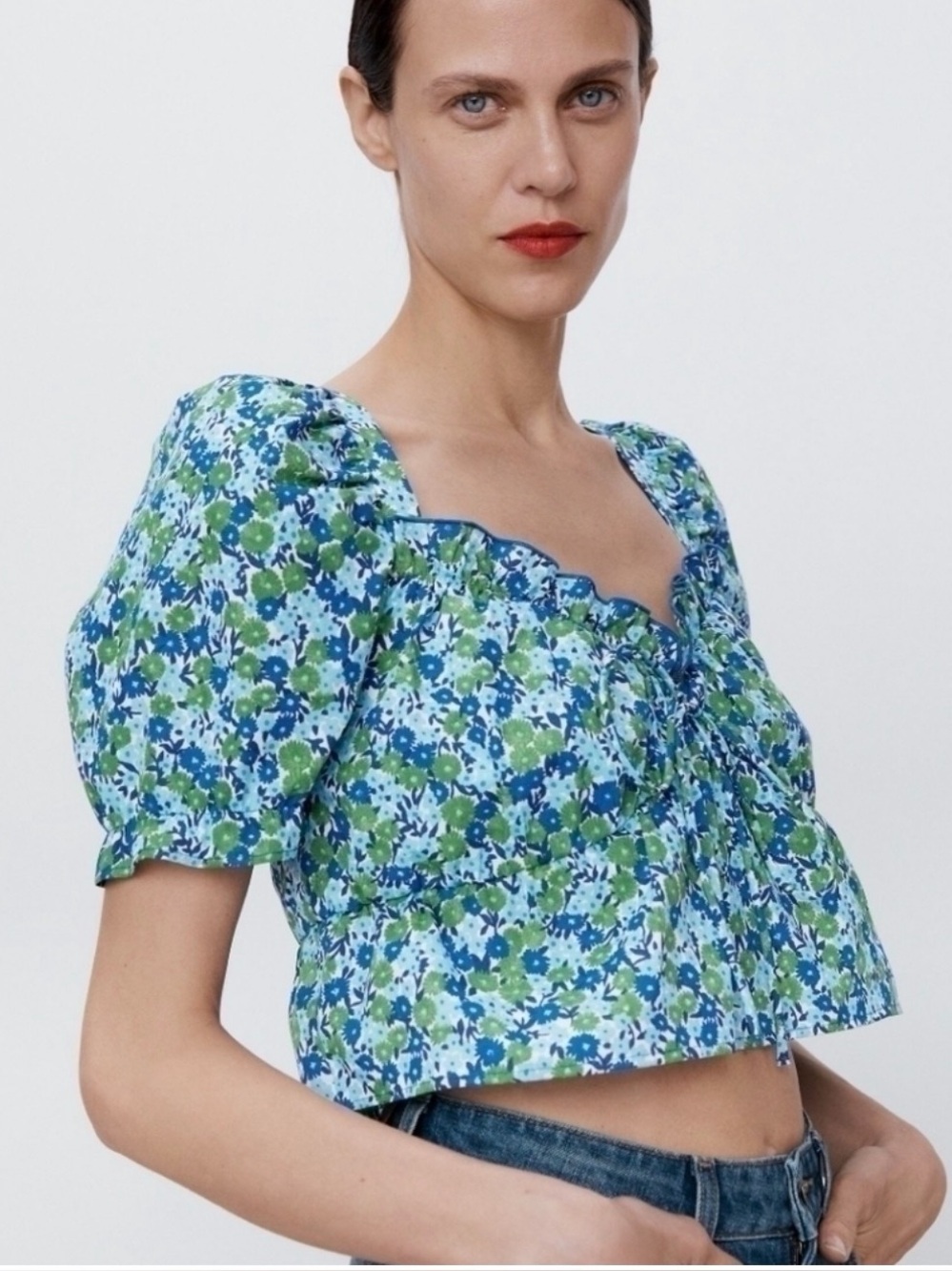💙 Zara Ditsy Floral Puff Sleeve Cropped Blouse Top Size Small 💙